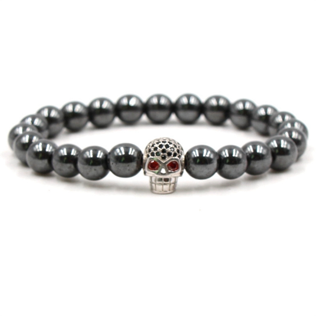 CZ Rhinestone Skull Alloy 8MM Magnetic Hematite Bracelet