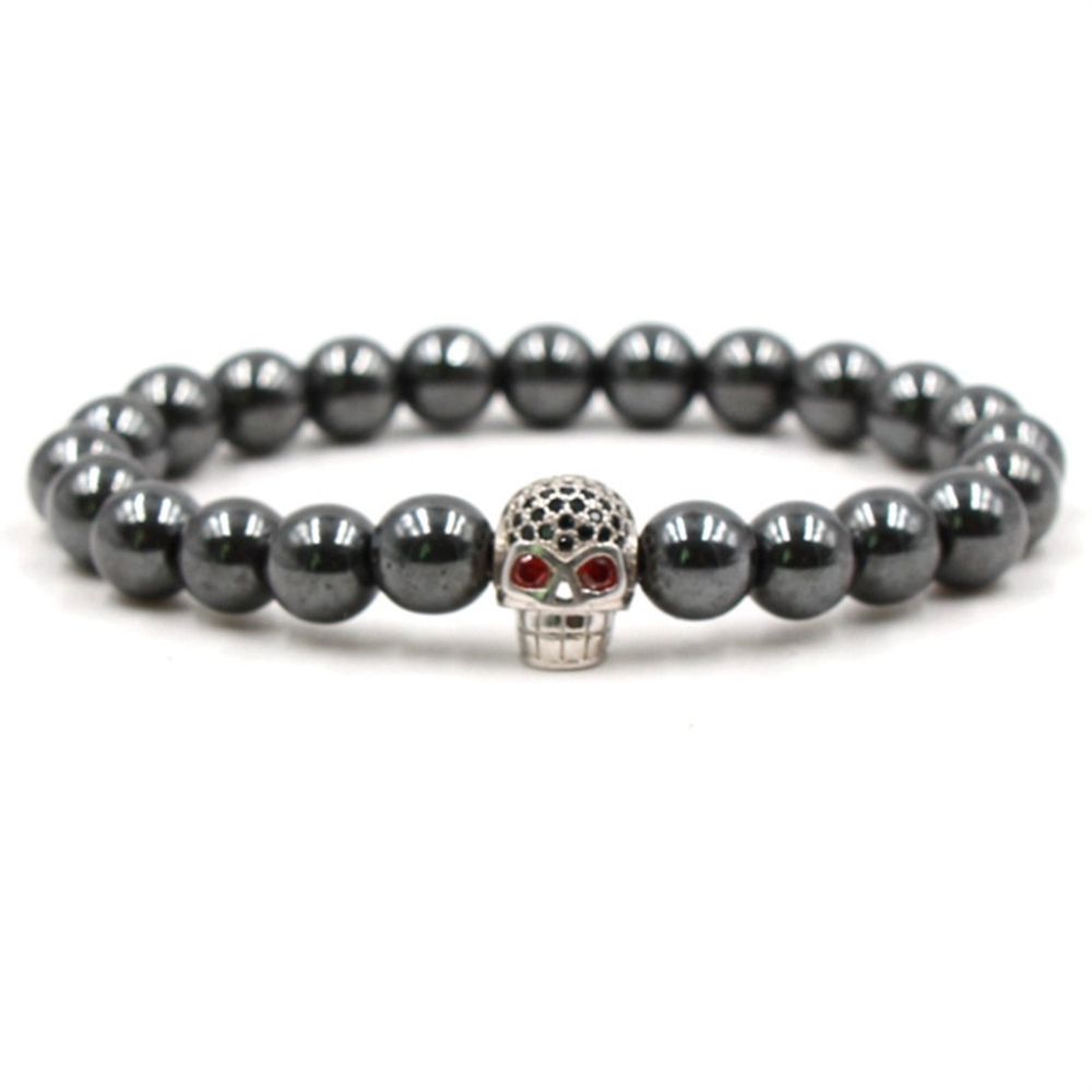 CZ Rhinestone Skull Alloy 8MM Magnetic Hematite Bracelet