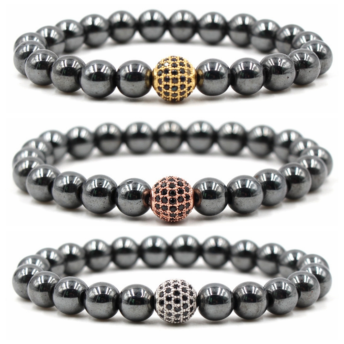 CZ Rhinestone 10MM BallsAlloy 8MM Magnetic Hematite Bracelet