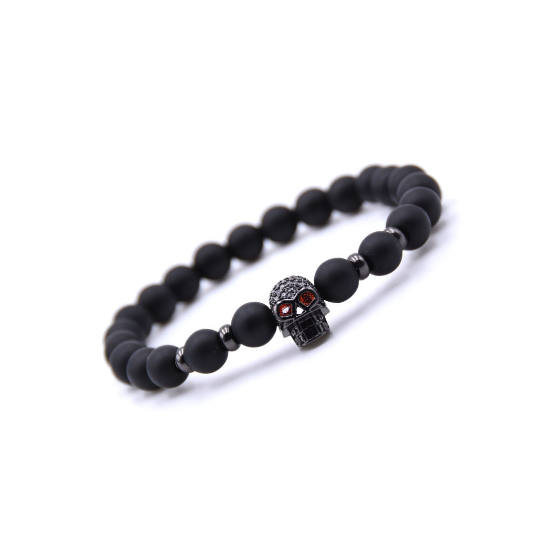 Rninestone Skull Alloy 8MM Matte Black Onyx Bracelet