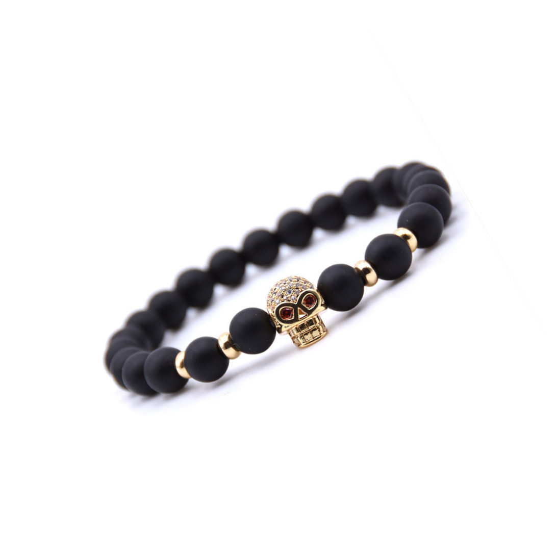 Rninestone Skull Alloy 8MM Matte Black Onyx Bracelet