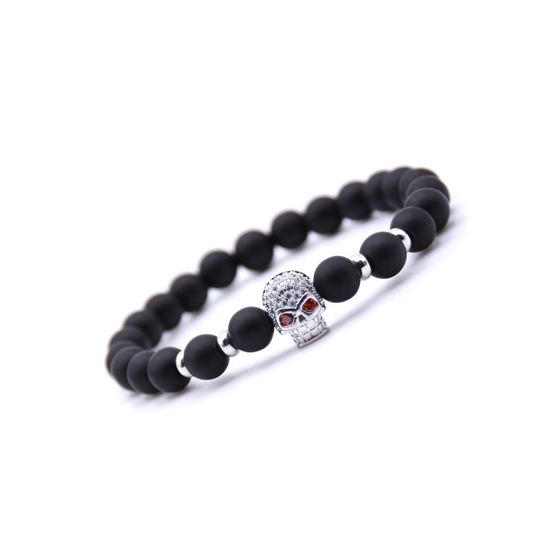 Rninestone Skull Alloy 8MM Matte Black Onyx Bracelet