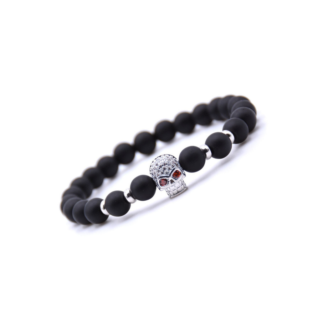 Rninestone Skull Alloy 8MM Matte Black Onyx Bracelet