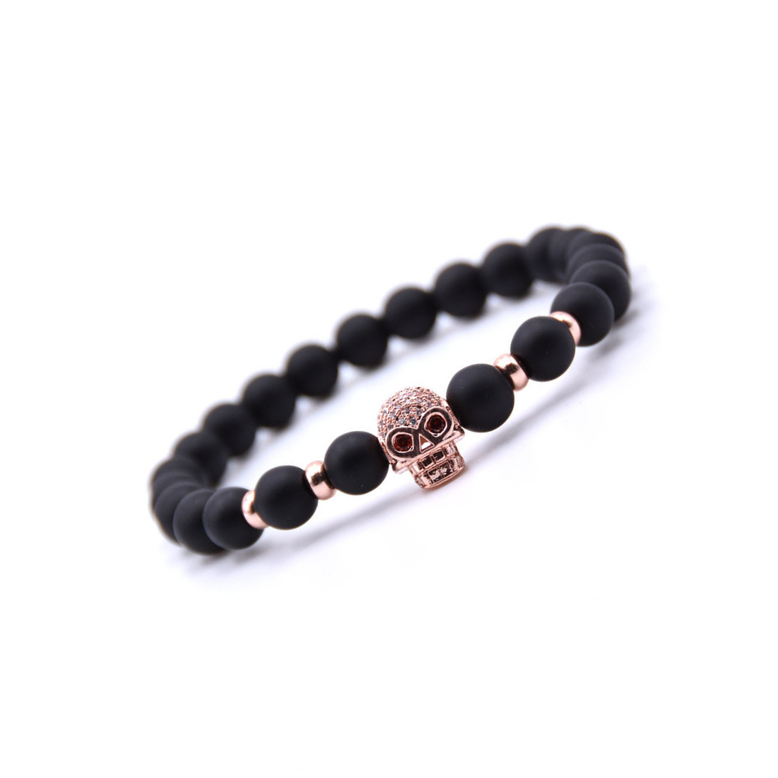 Rninestone Skull Alloy 8MM Matte Black Onyx Bracelet