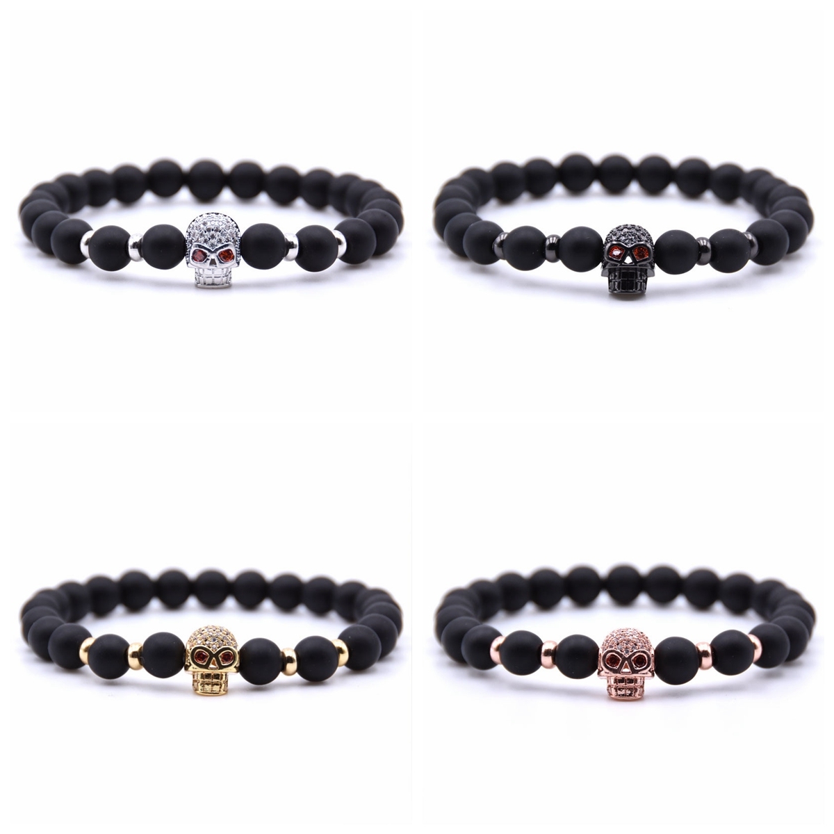 Rninestone Skull Alloy 8MM Matte Black Onyx Bracelet