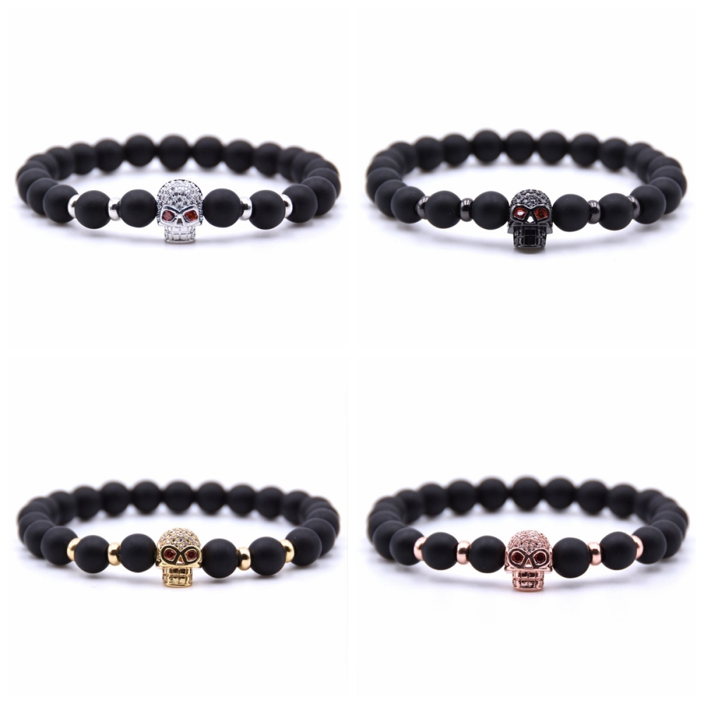 Rninestone Skull Alloy 8MM Matte Black Onyx Bracelet