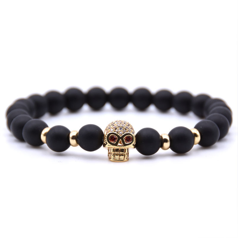 Rninestone Skull Alloy 8MM Matte Black Onyx Bracelet