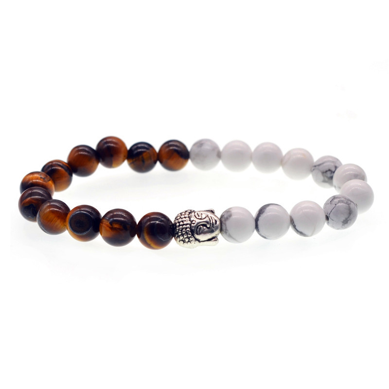 5 Style 8mm Natural White Howlite Stone Bead Bracelet Antique Silver Buddha Head Bracelets
