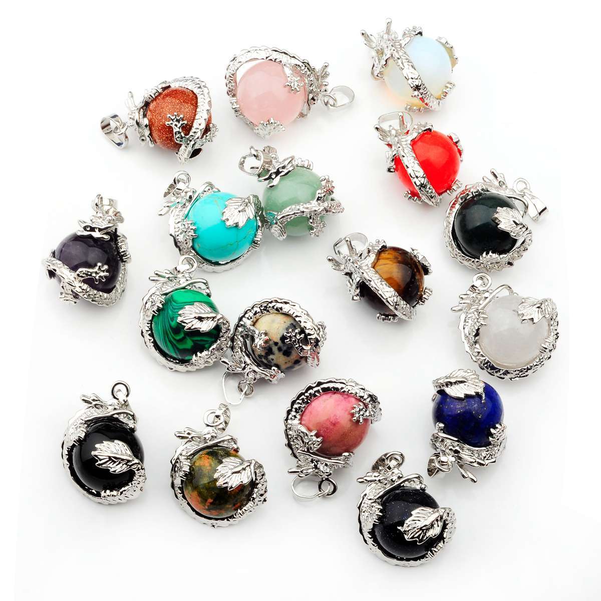 15MM Gemstone Wrapped Sphere Dragon Pendant Necklace