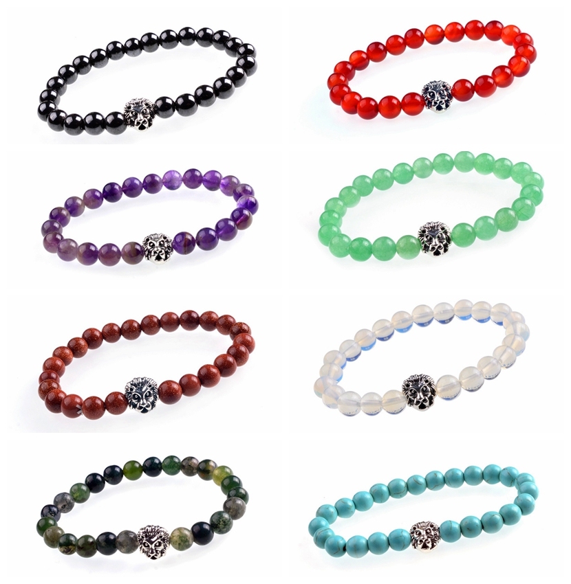 Fashion 8MM Natural Stone Lion Head Jewel Bracelet With Alloy For Women
