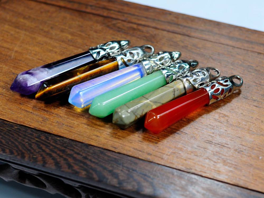 Hexagonal Cylinder Gemstone  Pendant with Silver Findings