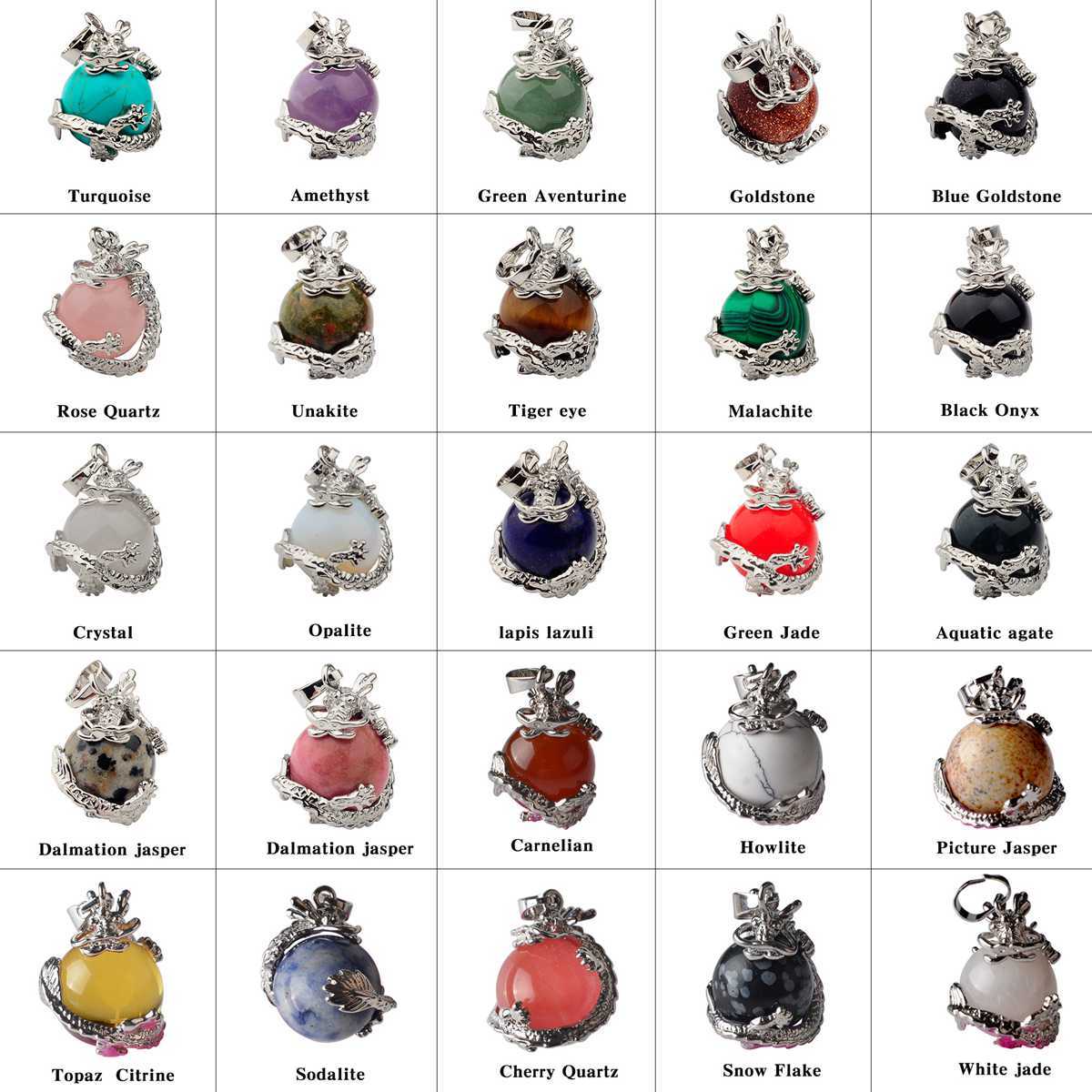 15MM Gemstone Wrapped Sphere Dragon Pendant Necklace