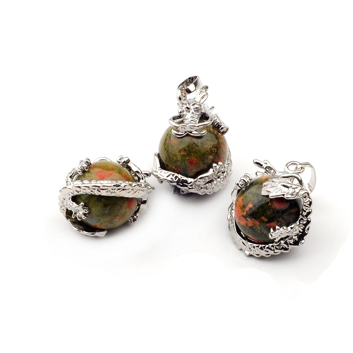 15MM Gemstone Wrapped Sphere Dragon Pendant Necklace