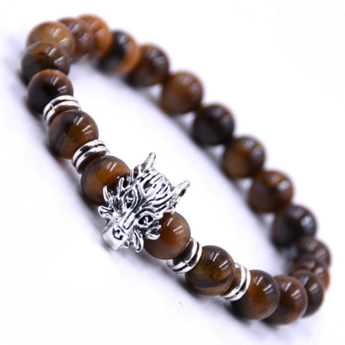 8MM Natural stone Black Lava Beads Chakra Bracelets Wristband Bangles bijoux Bronze Dragon head Men Jewelry