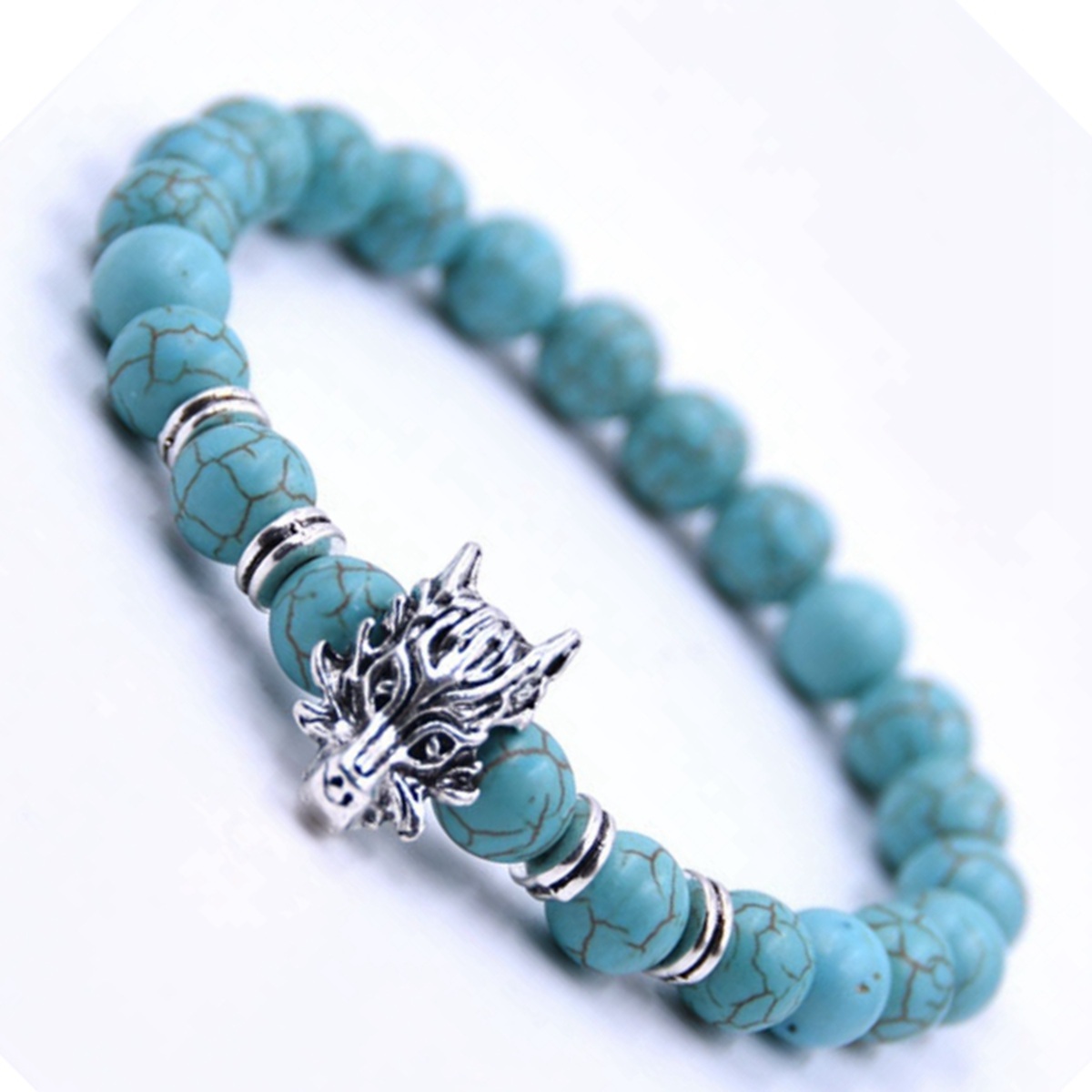8MM Natural stone Black Lava Beads Chakra Bracelets Wristband Bangles bijoux Bronze Dragon head Men Jewelry