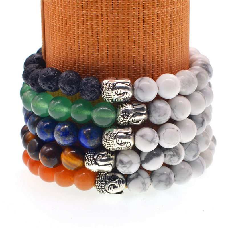 5 Style 8mm Natural White Howlite Stone Bead Bracelet Antique Silver Buddha Head Bracelets