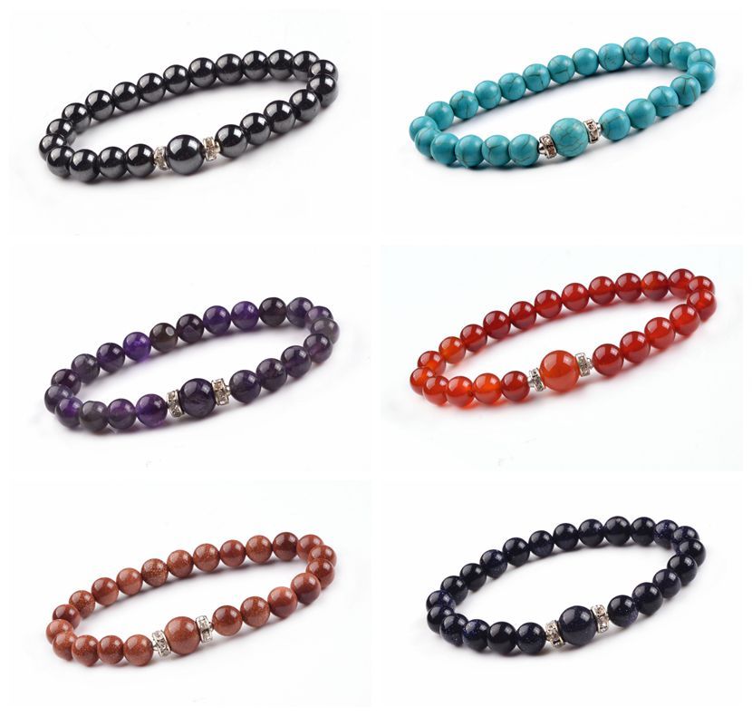 Fashion Alloy Chakra Stone 8MM Round Beads Bracelet with 10MM