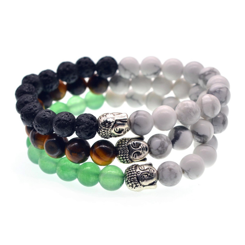 5 Style 8mm Natural White Howlite Stone Bead Bracelet Antique Silver Buddha Head Bracelets