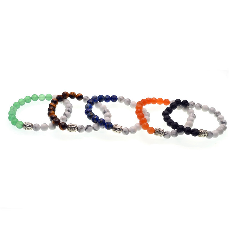 5 Style 8mm Natural White Howlite Stone Bead Bracelet Antique Silver Buddha Head Bracelets