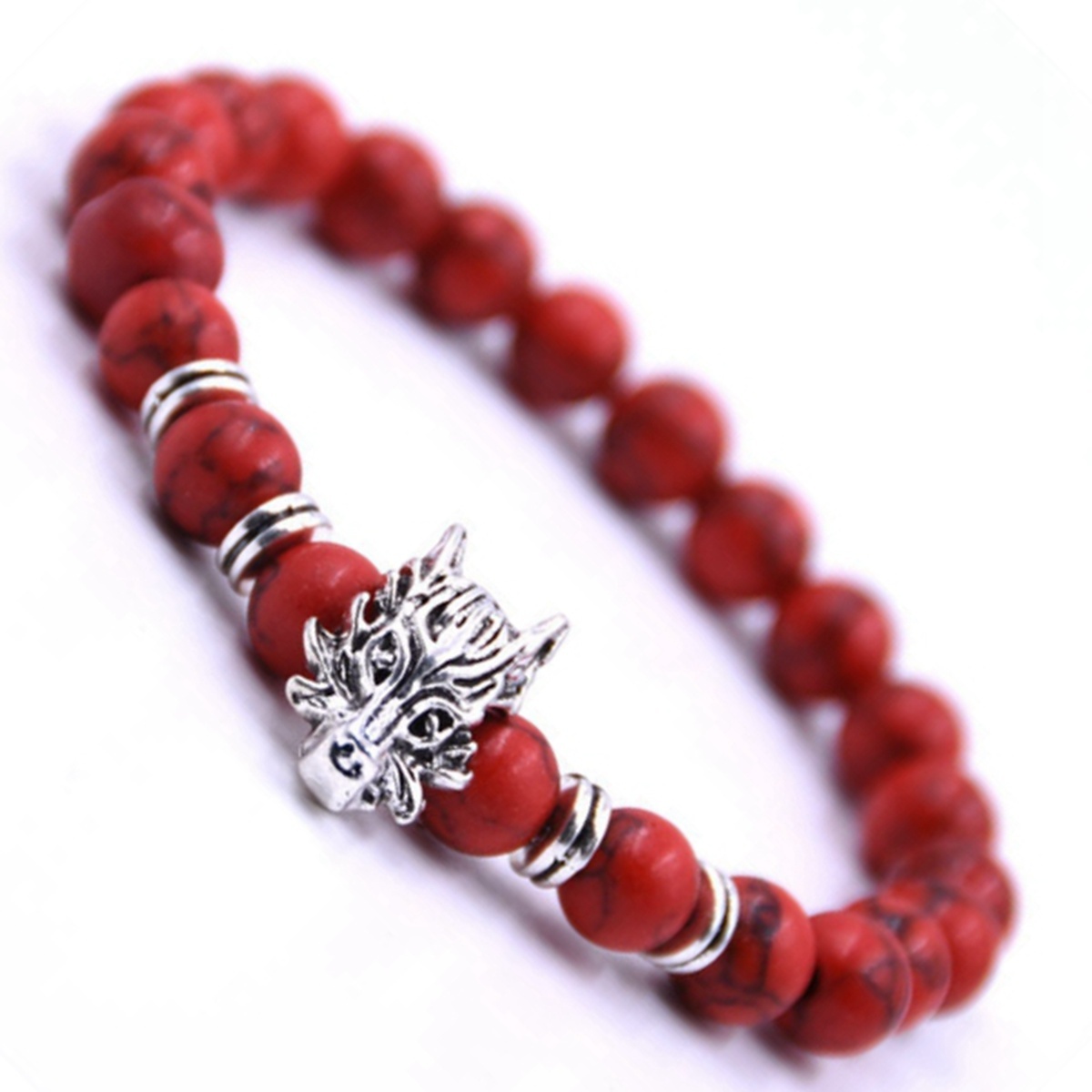8MM Natural stone Black Lava Beads Chakra Bracelets Wristband Bangles bijoux Bronze Dragon head Men Jewelry