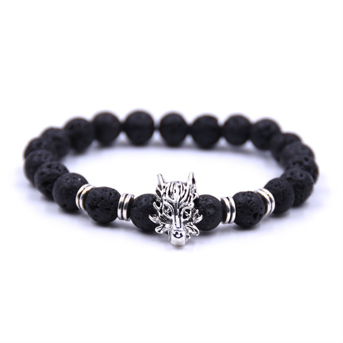 8MM Natural stone Black Lava Beads Chakra Bracelets Wristband Bangles bijoux Bronze Dragon head Men Jewelry