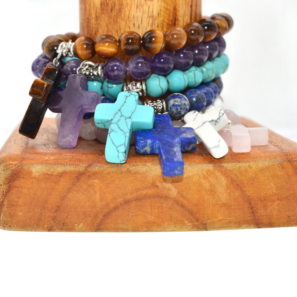 6 Style Natural  Stone Cross Pendant Bracelet 8MM Bead Silver Reiki Cuff Bangle