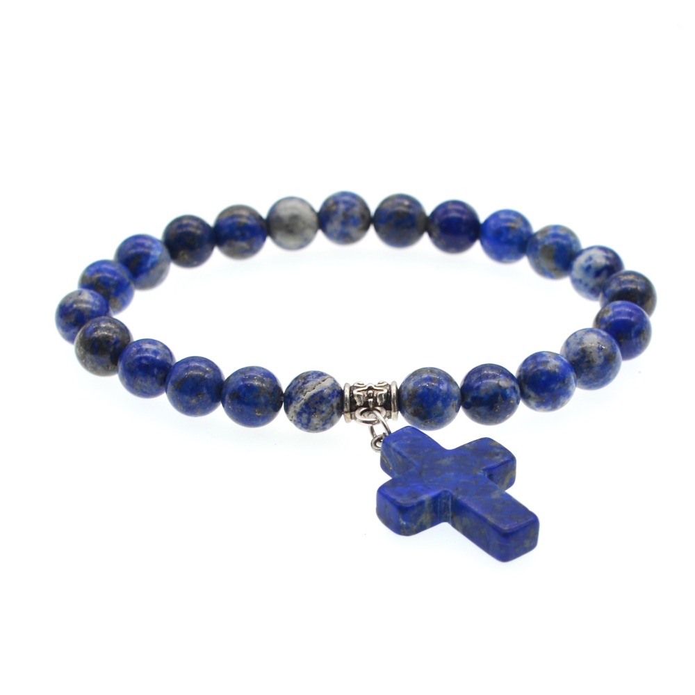 6 Style Natural  Stone Cross Pendant Bracelet 8MM Bead Silver Reiki Cuff Bangle