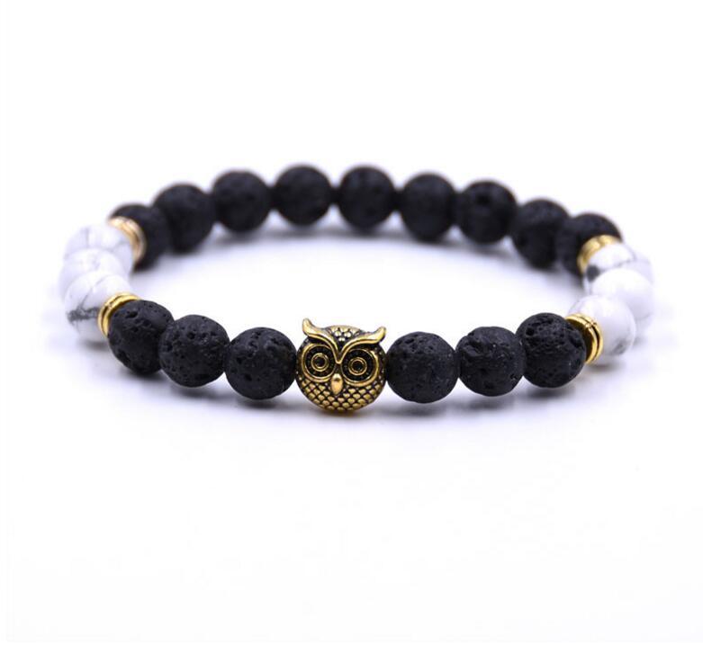 Golden Circle Owl 8MM Volcanic Stone Lovers Bracelet
