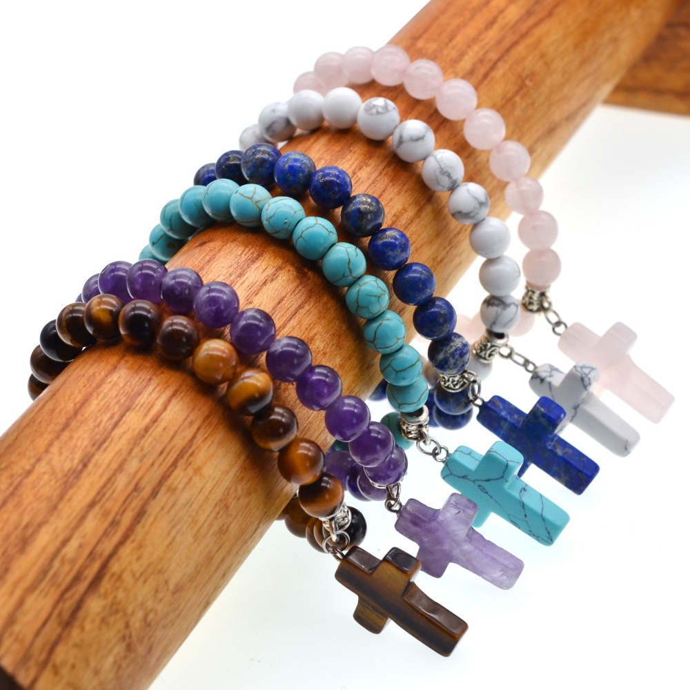 6 Style Natural  Stone Cross Pendant Bracelet 8MM Bead Silver Reiki Cuff Bangle