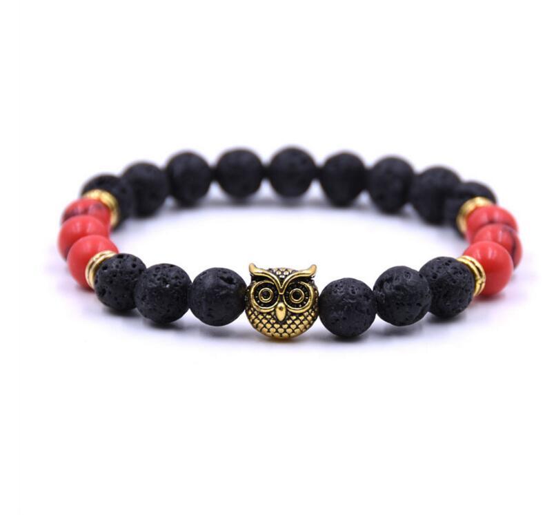 Golden Circle Owl 8MM Volcanic Stone Lovers Bracelet