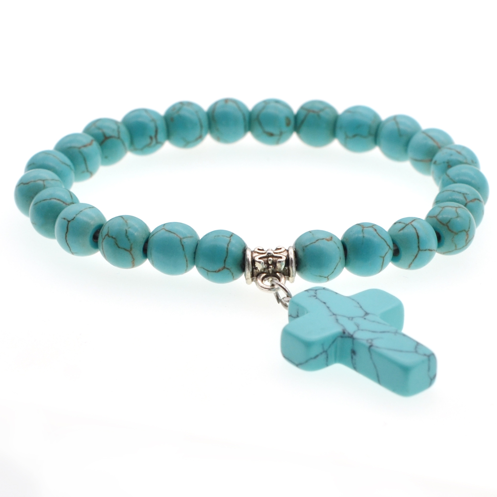 6 Style Natural  Stone Cross Pendant Bracelet 8MM Bead Silver Reiki Cuff Bangle