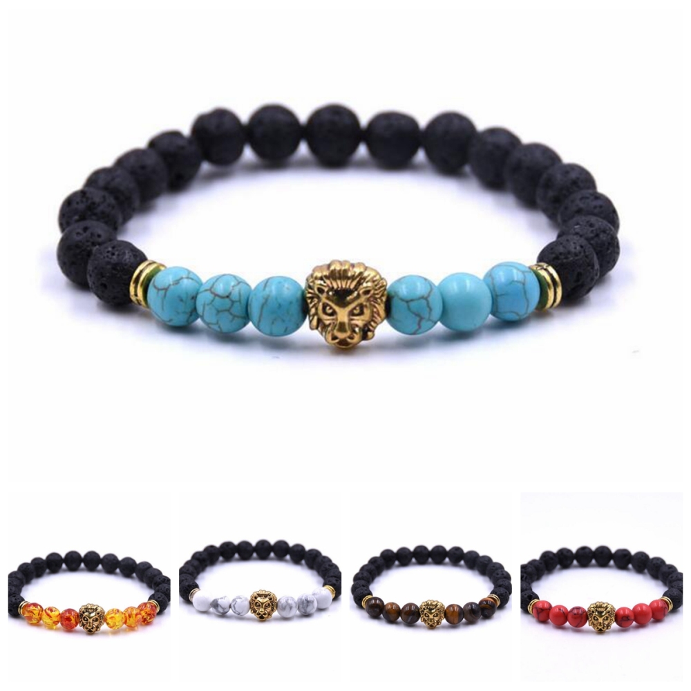 Natural Crystal 8MM Volcanic Stone Beads Lion Head Bracelet