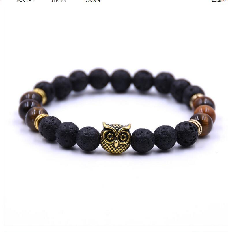 Golden Circle Owl 8MM Volcanic Stone Lovers Bracelet
