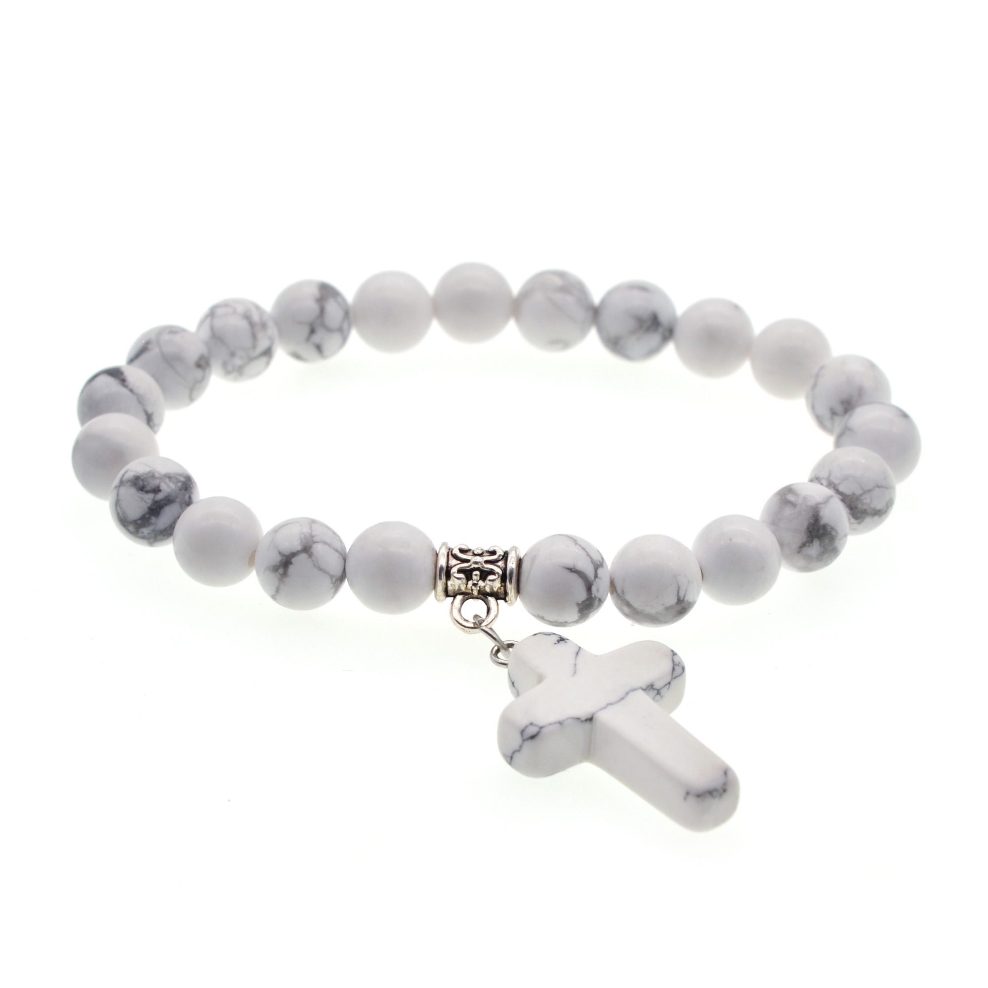 6 Style Natural  Stone Cross Pendant Bracelet 8MM Bead Silver Reiki Cuff Bangle