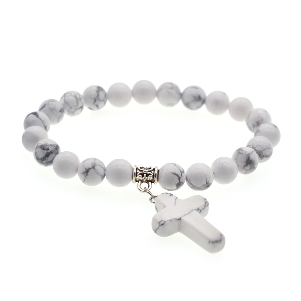 6 Style Natural  Stone Cross Pendant Bracelet 8MM Bead Silver Reiki Cuff Bangle