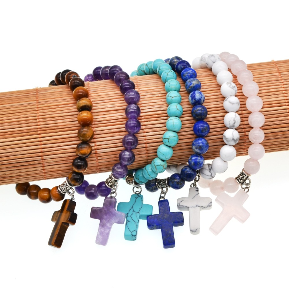 6 Style Natural  Stone Cross Pendant Bracelet 8MM Bead Silver Reiki Cuff Bangle