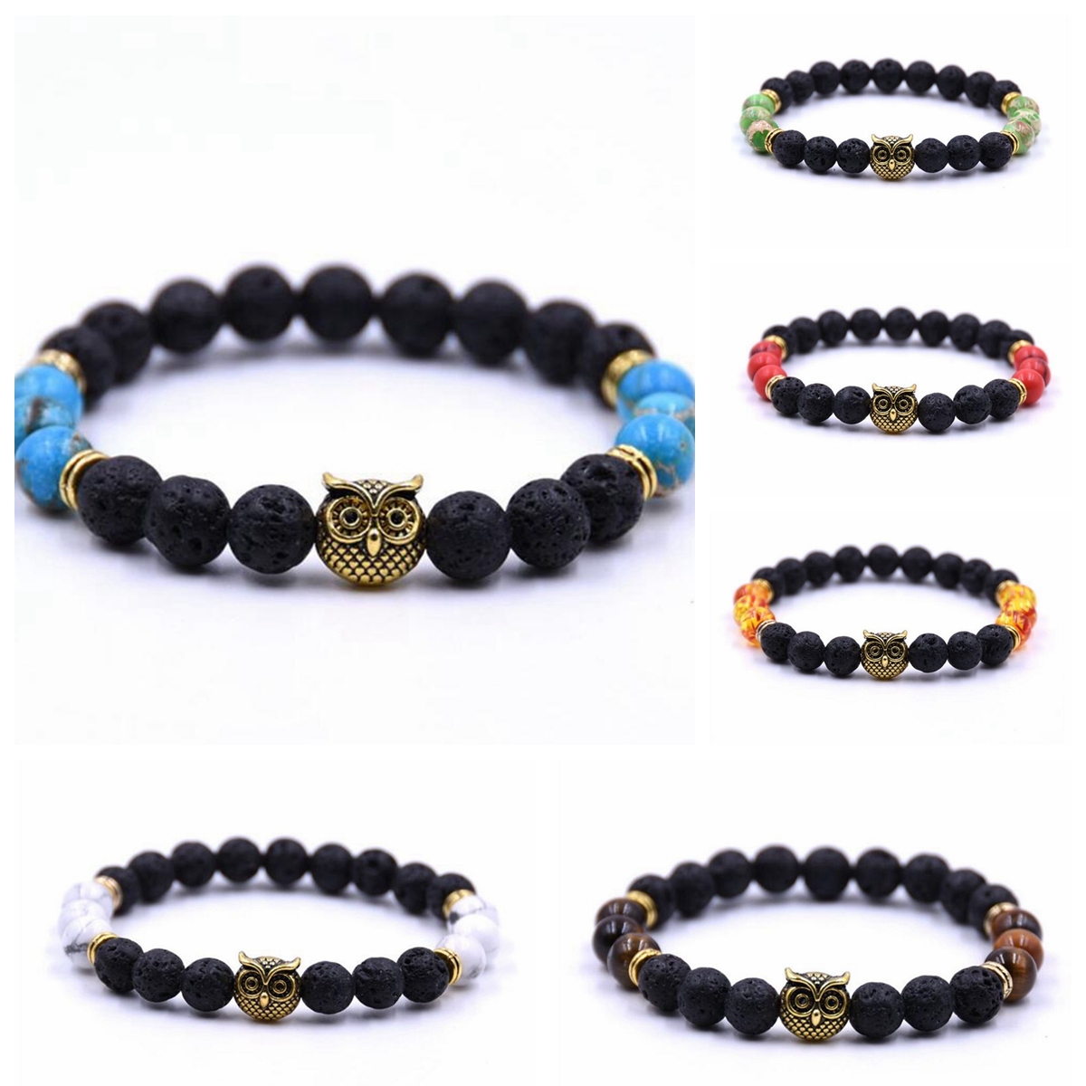 Golden Circle Owl 8MM Volcanic Stone Lovers Bracelet