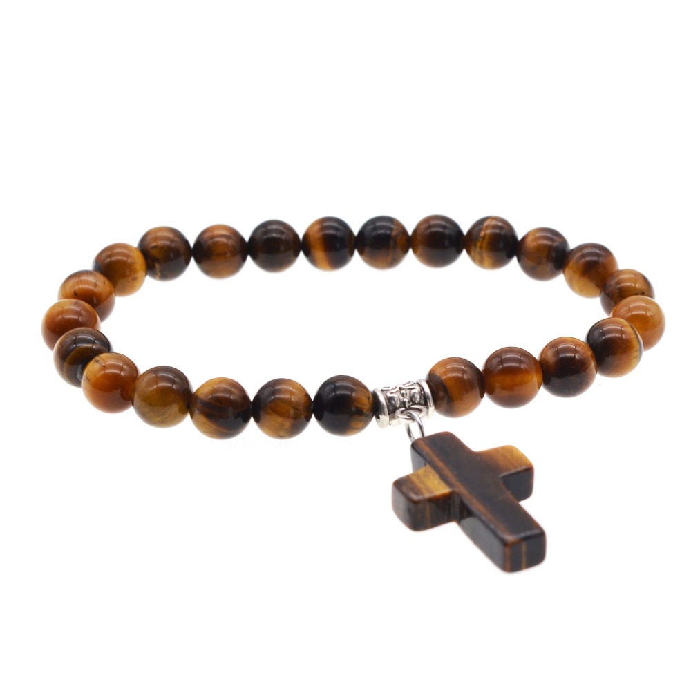 6 Style Natural  Stone Cross Pendant Bracelet 8MM Bead Silver Reiki Cuff Bangle