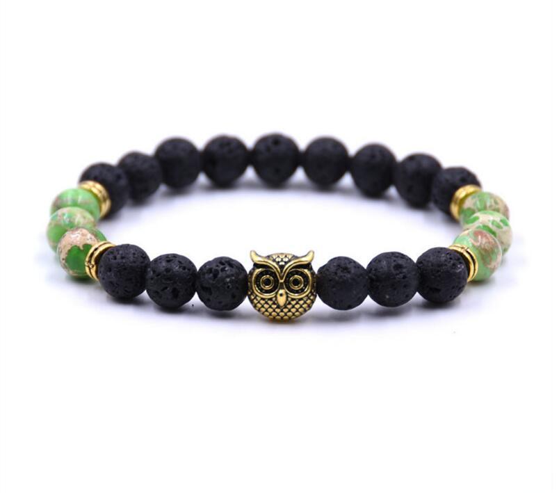 Golden Circle Owl 8MM Volcanic Stone Lovers Bracelet