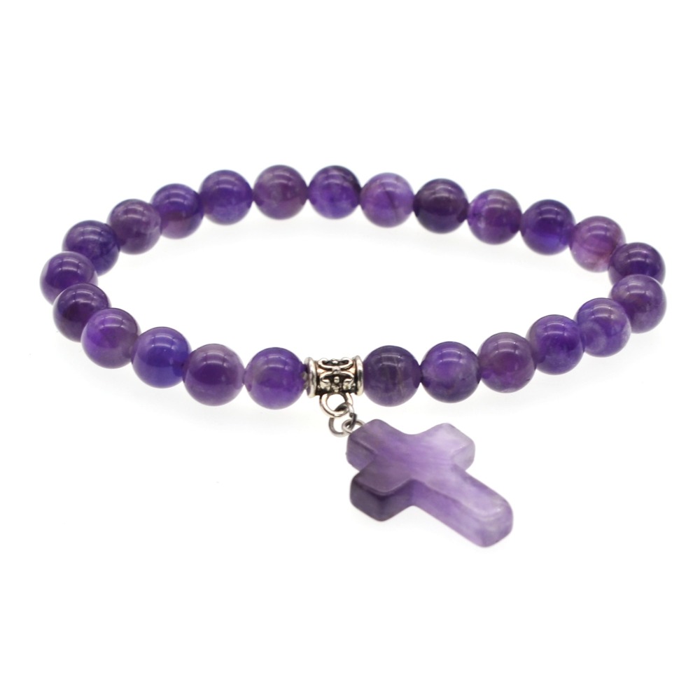 6 Style Natural  Stone Cross Pendant Bracelet 8MM Bead Silver Reiki Cuff Bangle