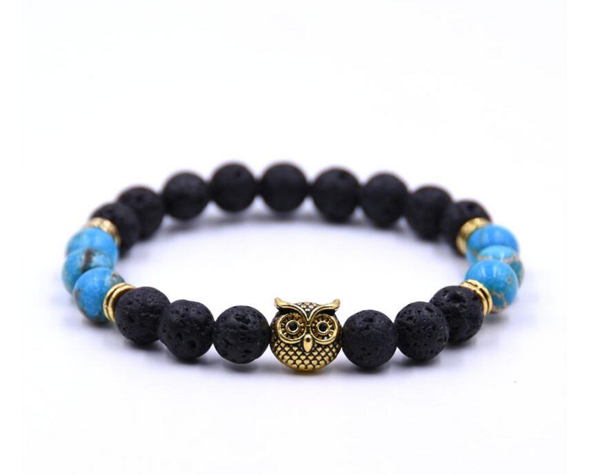 Golden Circle Owl 8MM Volcanic Stone Lovers Bracelet
