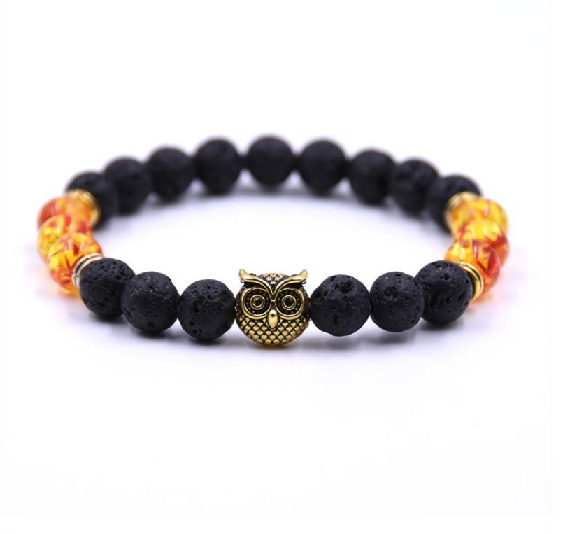 Golden Circle Owl 8MM Volcanic Stone Lovers Bracelet