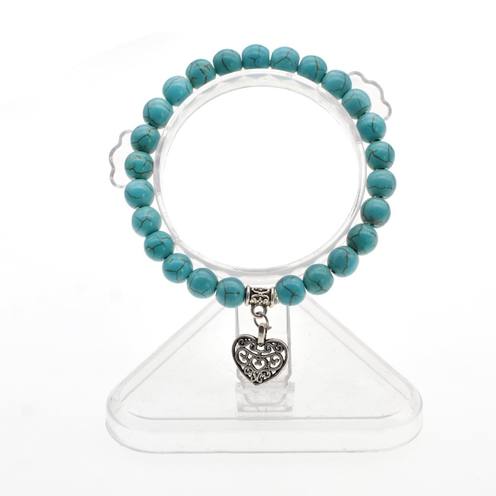 3 Style Natural Gemstone 8mm Beaded Bracelet Vintage Heart Charm Pendant Stretch Beads Bracelet Gifts for Women