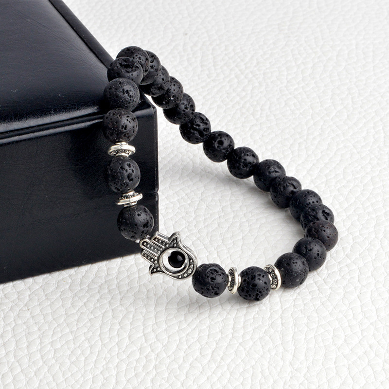 Hot Sale 8mm Black Volcanic Stone Bracelet With Gold and Silver Lion Fatima Demon Palm Natural Bracelet