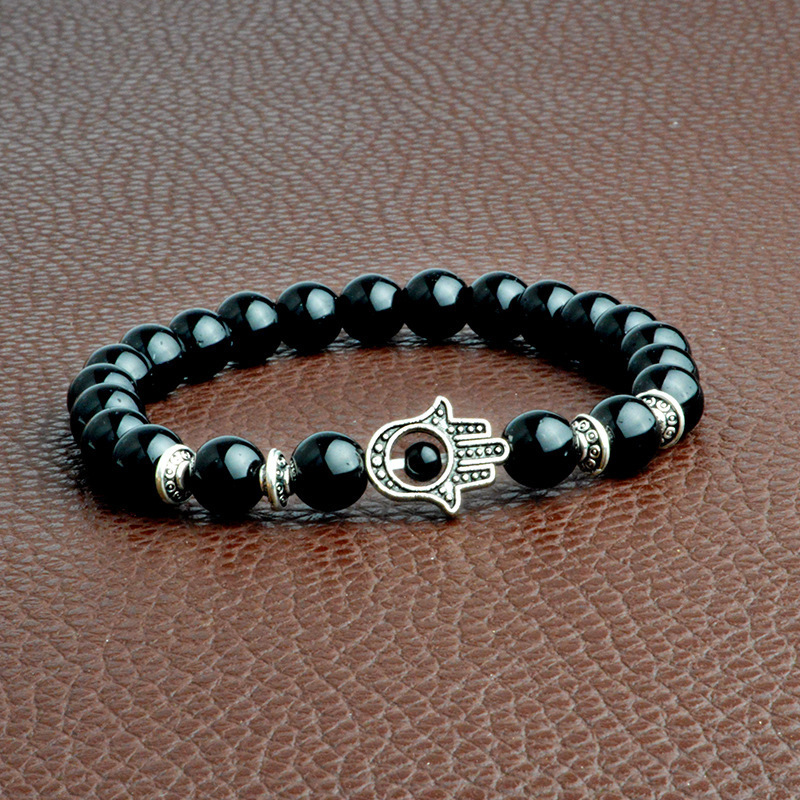 Hot Sale 8mm Black Volcanic Stone Bracelet With Gold and Silver Lion Fatima Demon Palm Natural Bracelet