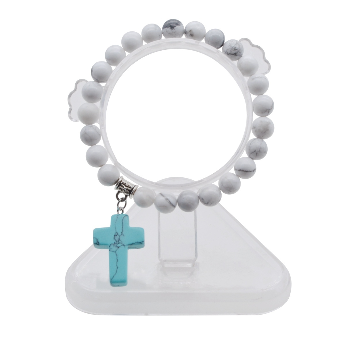 Turguoise Stone Cross Pendant Bracelet 8MM Bead Silver Reiki Cuff Bangle