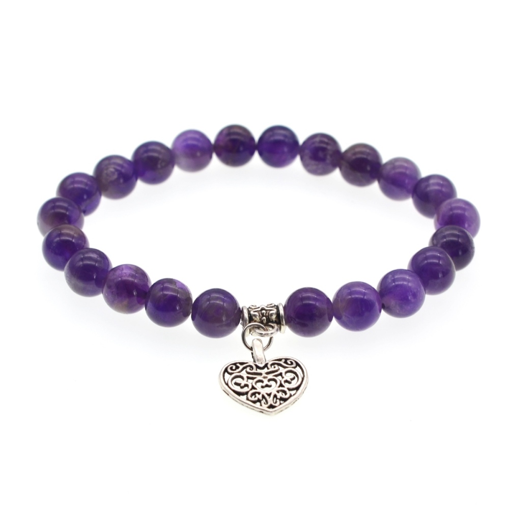 3 Style Natural Gemstone 8mm Beaded Bracelet Vintage Heart Charm Pendant Stretch Beads Bracelet Gifts for Women