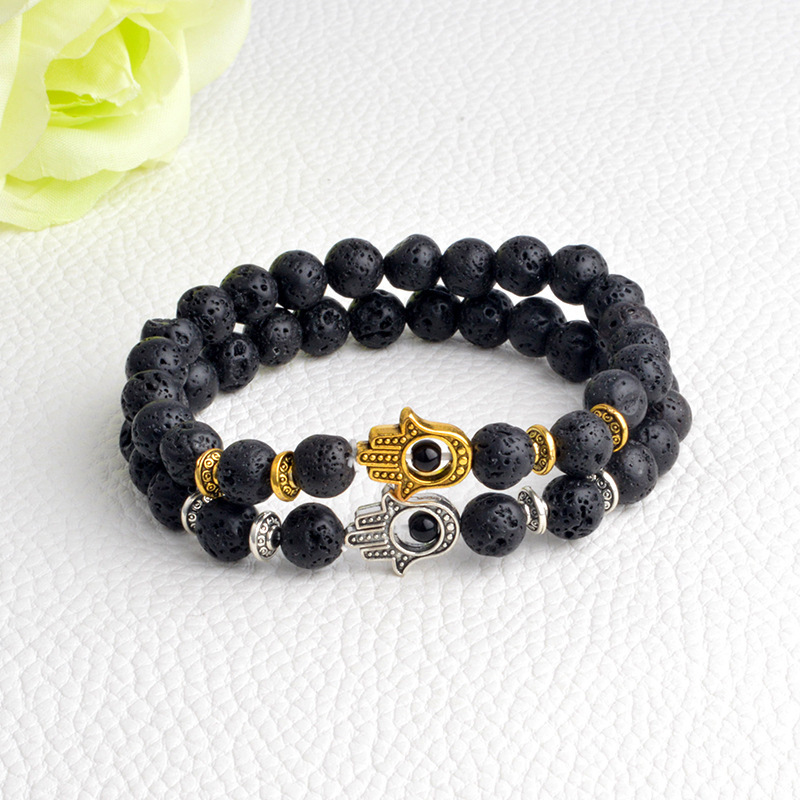 Hot Sale 8mm Black Volcanic Stone Bracelet With Gold and Silver Lion Fatima Demon Palm Natural Bracelet