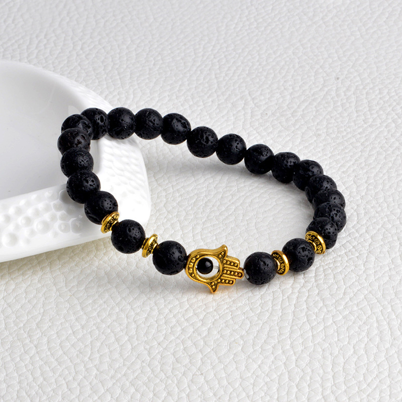 Hot Sale 8mm Black Volcanic Stone Bracelet With Gold and Silver Lion Fatima Demon Palm Natural Bracelet