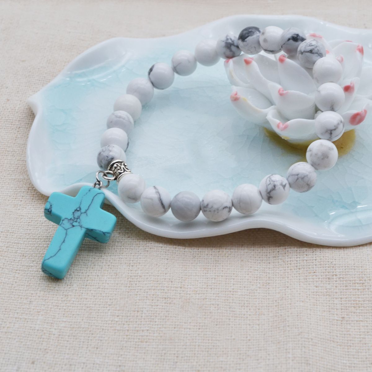Turguoise Stone Cross Pendant Bracelet 8MM Bead Silver Reiki Cuff Bangle